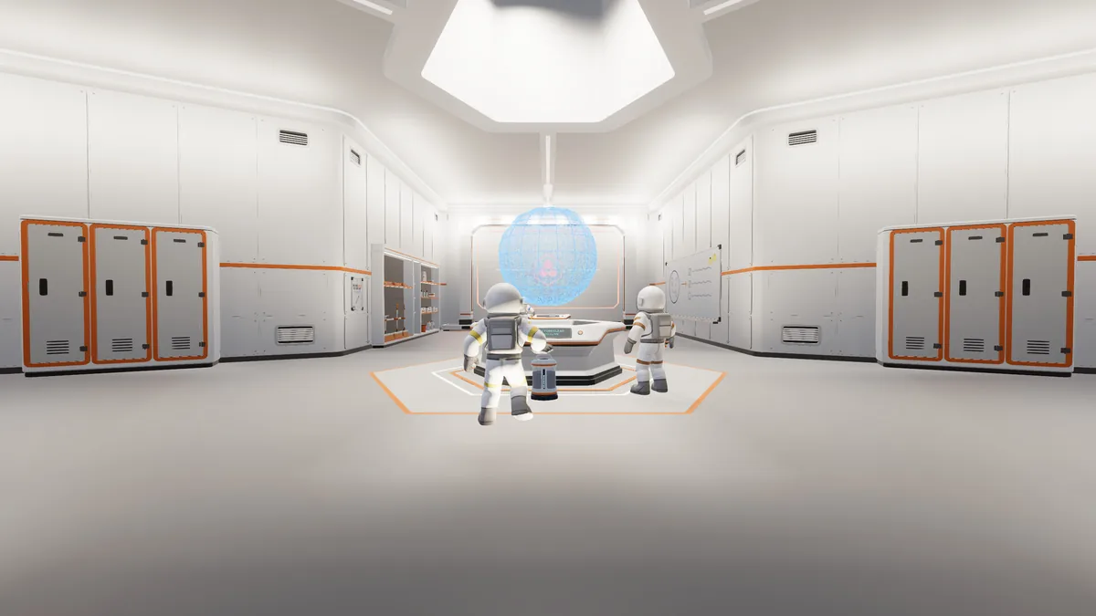 Moon Sweepers screenshot of the base interior and a holographic map display.