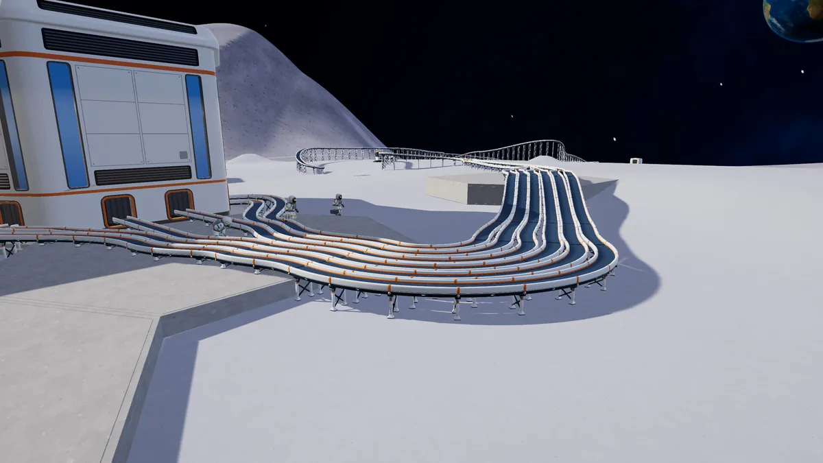 Moon Sweepers screenshot of parallel conveyor belts curving into a lunar base entrance.