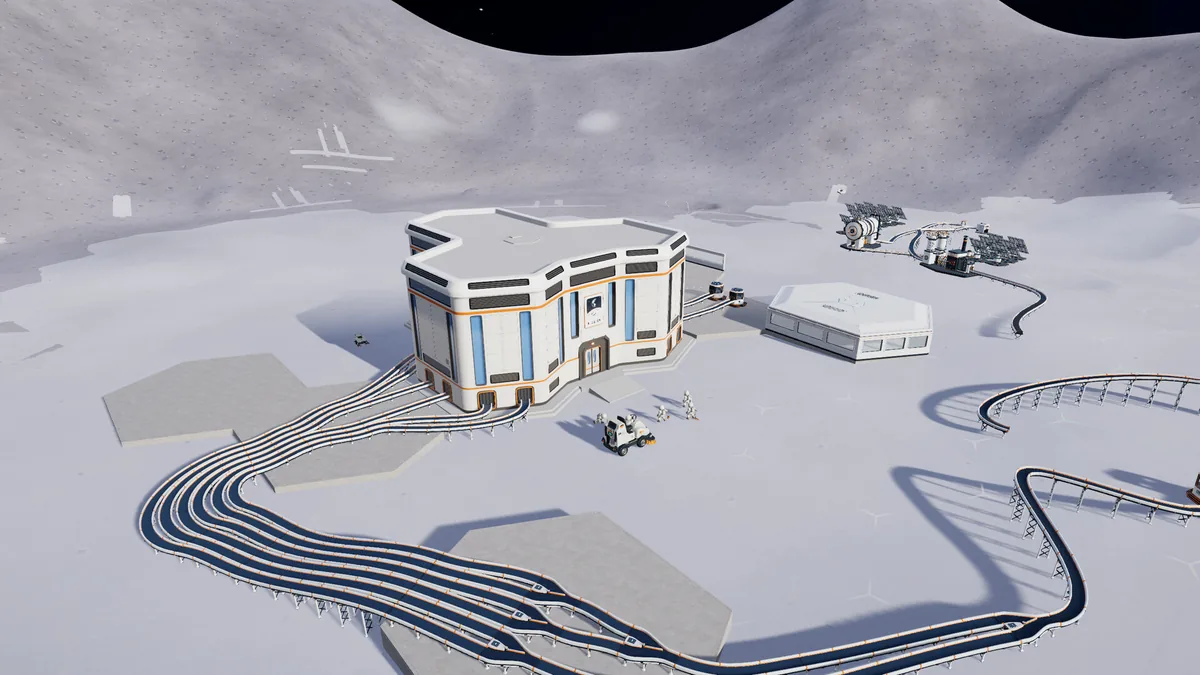 Moon Sweepers screenshot of a lunar base with conveyor lines, a vehicle and a storage tank.