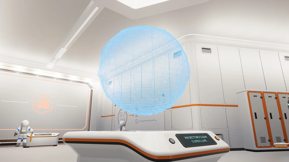 Moon Sweepers screenshot of a futuristic base interface with a holographic sphere.