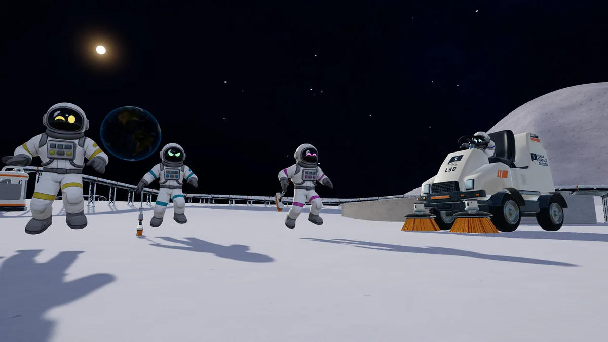 Moon Sweepers screenshot of several astronauts and a cleaning vehicle on the lunar surface.