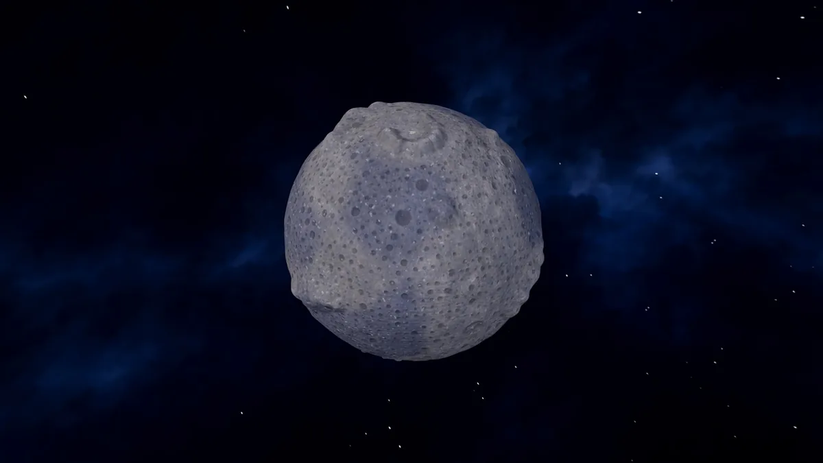 Moon Sweepers screenshot of the Moon from space, with a small illuminated base on its surface.
