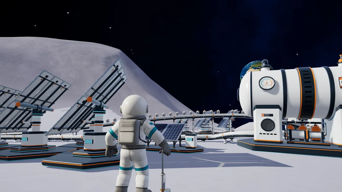 Moon Sweepers screenshot of a player beside base machinery and solar arrays.