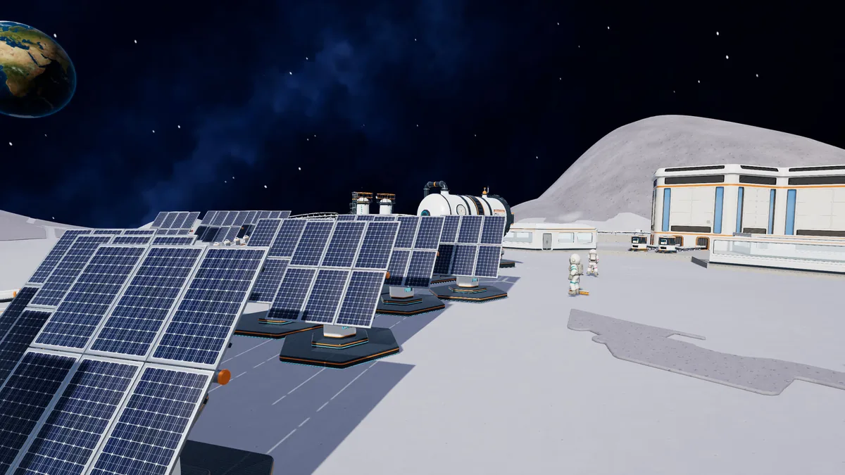 Moon Sweepers screenshot of a field of solar panels beside a lunar base.