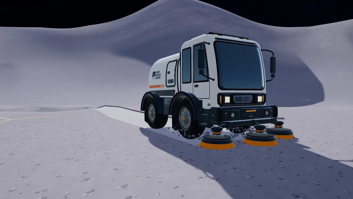 Moon Sweepers screenshot of a heavy cleaning vehicle with four orange rotary brush heads.