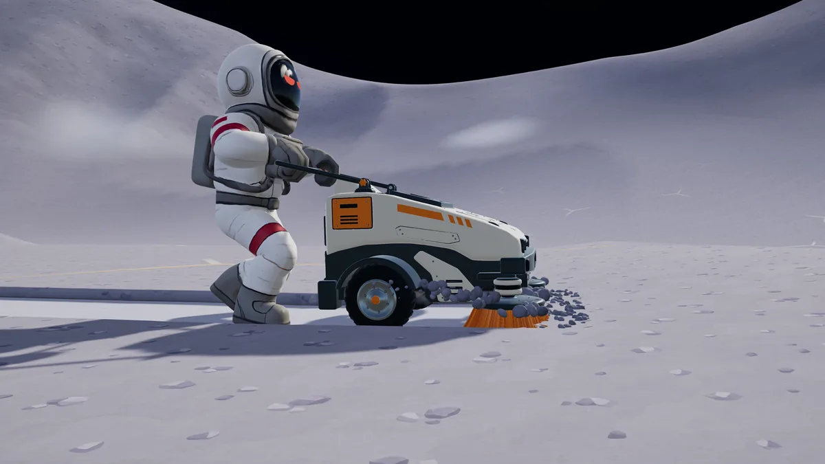 Moon Sweepers screenshot of a white cleaning vehicle with a large front cab and two orange brush heads.