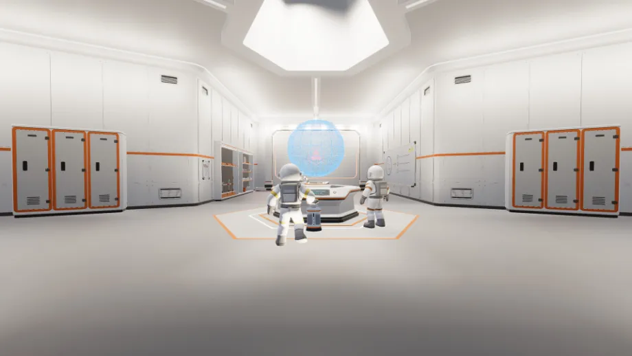 Official Moon Sweepers screenshot of an astronaut inside a white base facing a blue holographic display.