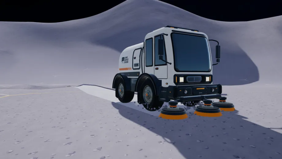 Official Moon Sweepers screenshot of a white cleaning vehicle with four orange rotary brush heads.